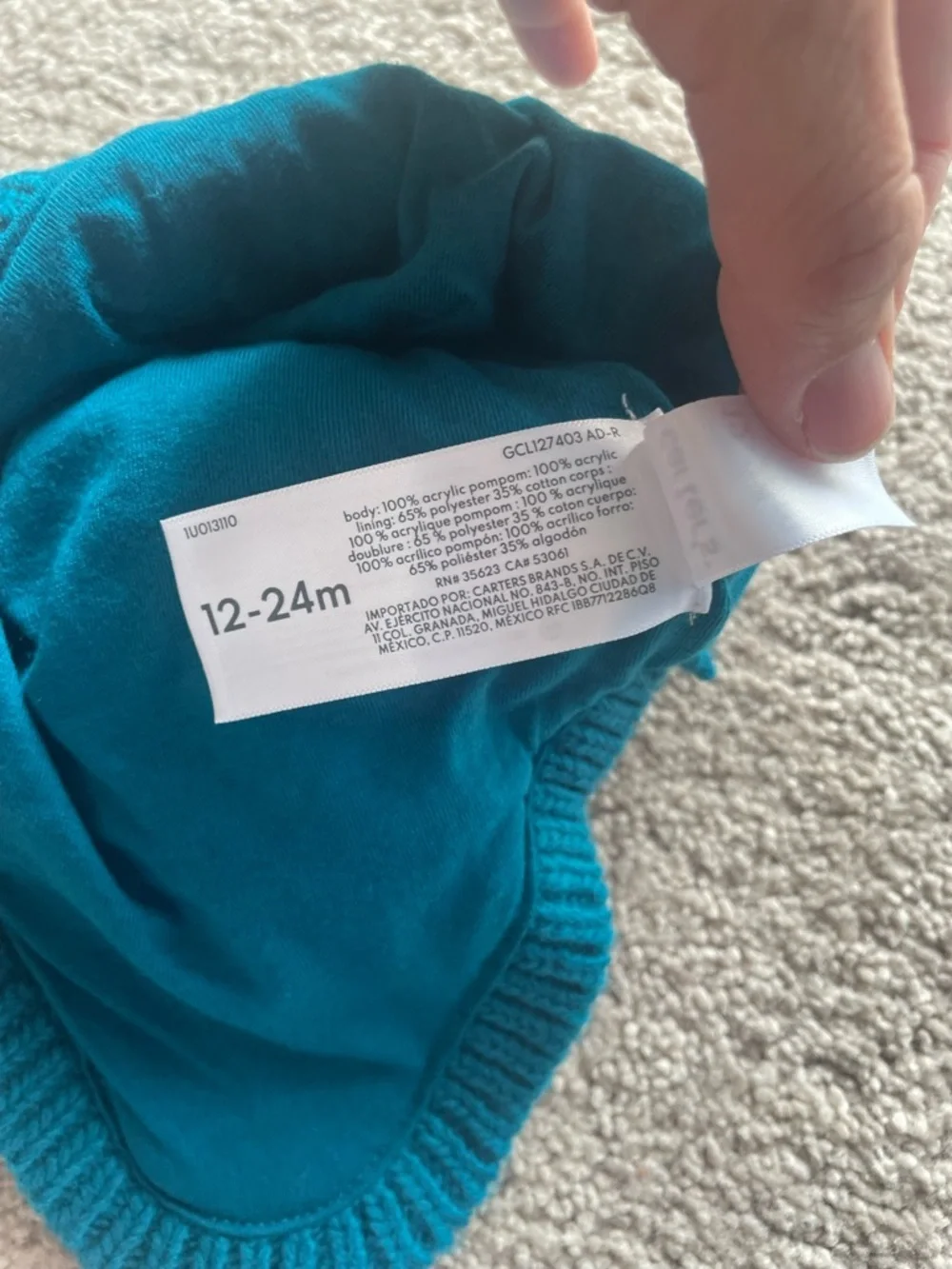 NWT Carters toddler Teal Cable Knit Pom Pom Beanie 12-24 months